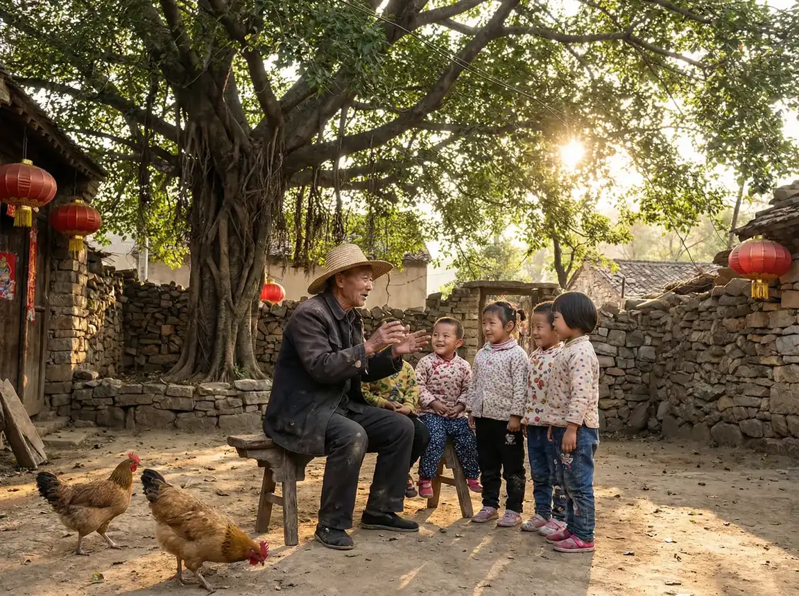 老人在大榕树下给孩子们讲故事 - 十二寡妇肉床艳史 乡村记忆